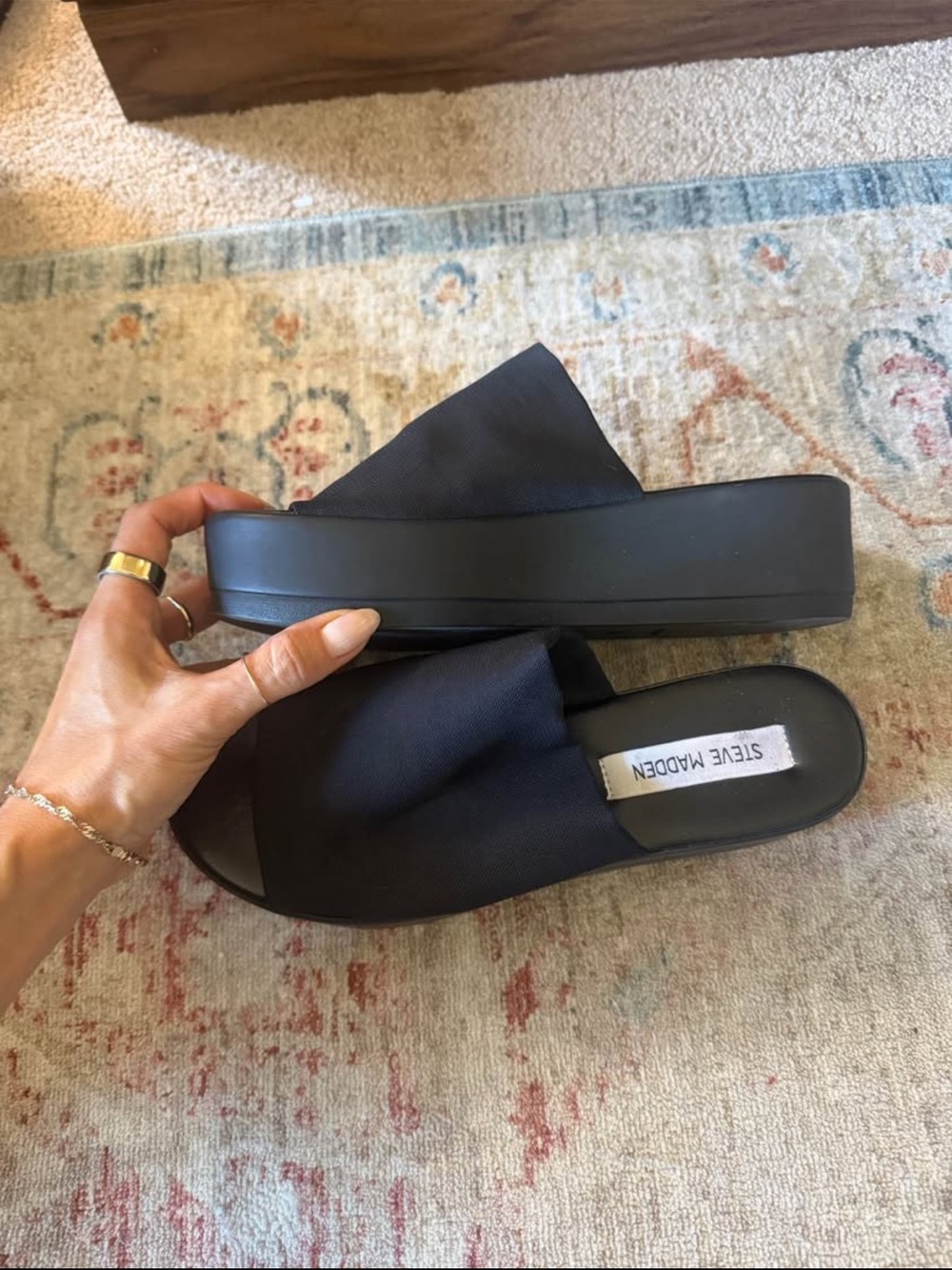 Steve Madden Black Platform Slide Sandals with Fabric Cross Strap
